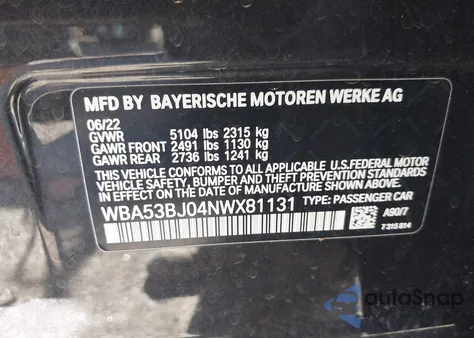 2022 BMW 540 I from USA, damaged, VIN WBA53BJ04NWX81131